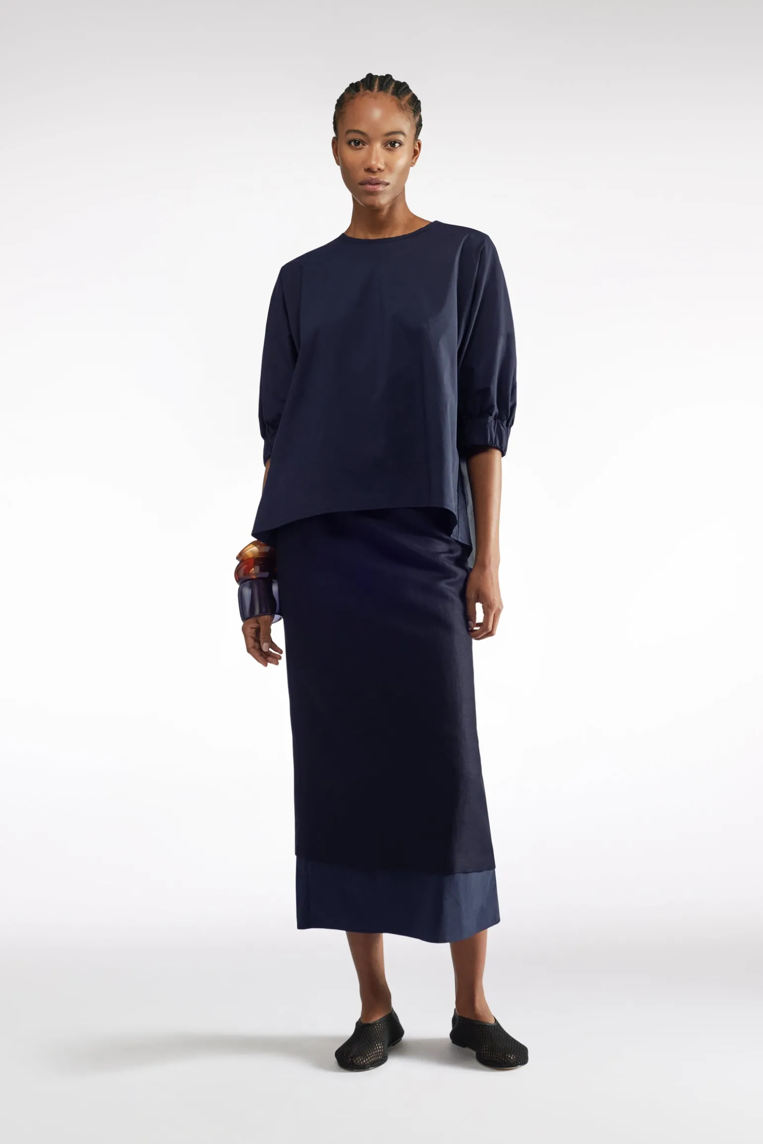 JUPE MIDI EN LIN-VISCOSE