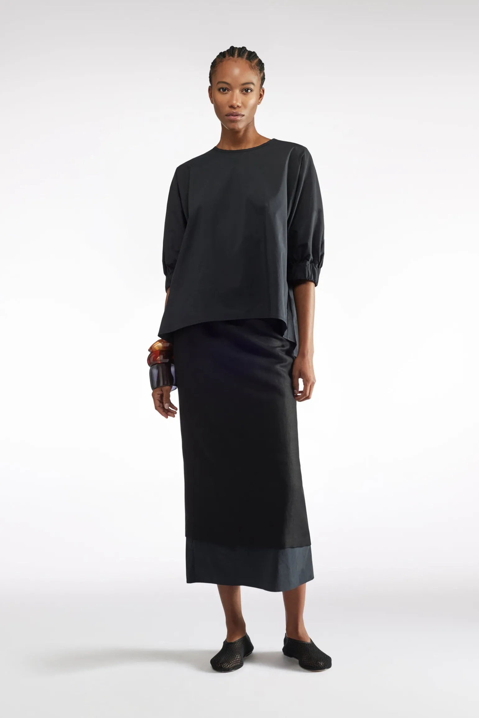 JUPE MIDI EN LIN-VISCOSE